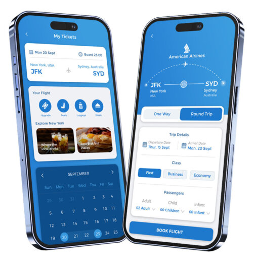 Flight App - Flutter Flight booking app shown on iPhone 14